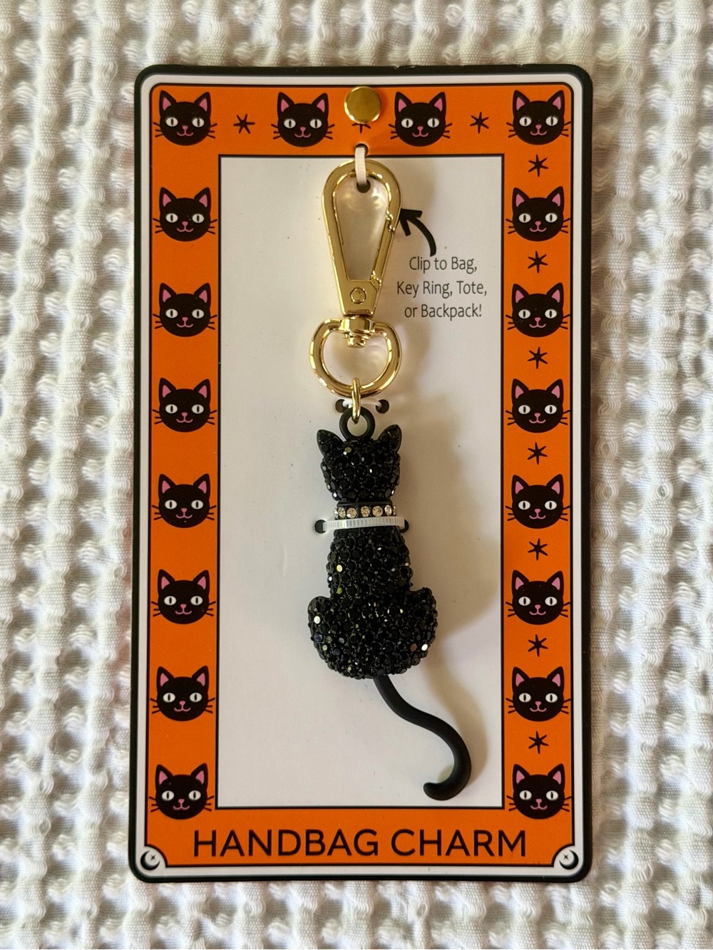 Halloween Black Cat Glass Crystal Bag Charm Purse Backpack Key Ring Moving Tail